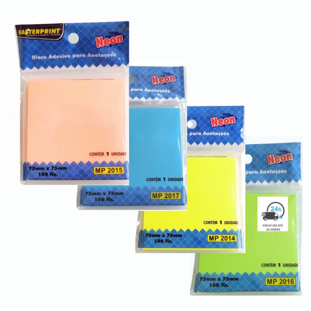 Bloco Adesivo Neon Para Recado Anotações Com 100 Folhas Diversas Cores MasterPrint