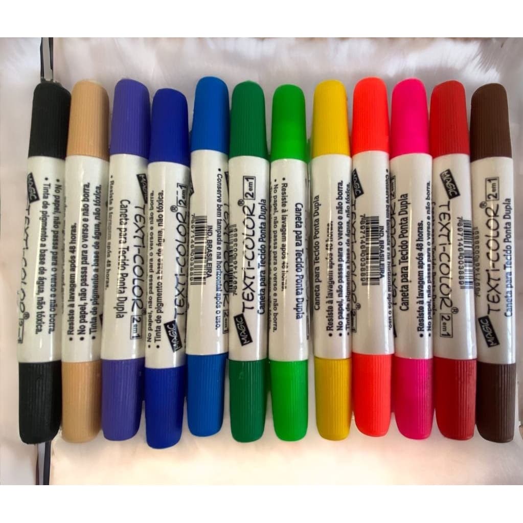 12 Canetas Marcador para tecido Texti Color Ponta Dupla Basica