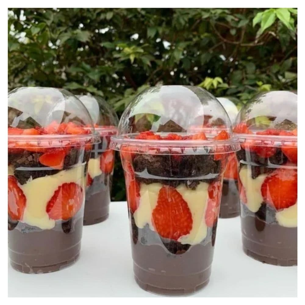 50Un Copo Tampa Bolha Furo Embalagem Festa Doce 330ml Doces Sobremesa Gourmet Pote da Felicidade