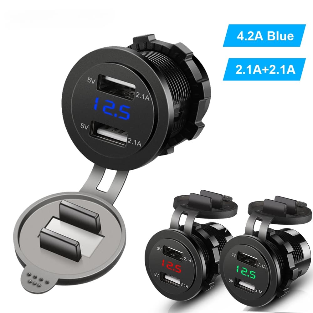 Isqueiro Para Carro 4.2A Carregador Tomada Dupla USB De Alimentação 12V 24V LED Voltímetro Moto Adaptador Divisor Automático