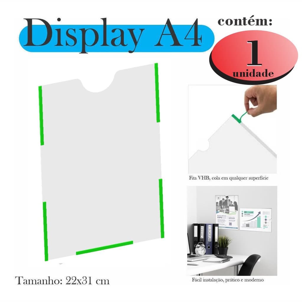 Display a4 expositor porta folhas quadro avisos parede PETG