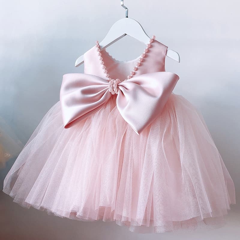 WFRV Baby Girl Dress Pearls Dresses Big Bow 1st Birthday Party Dress TulleBaptism Dress Flower Dresses for Weddding