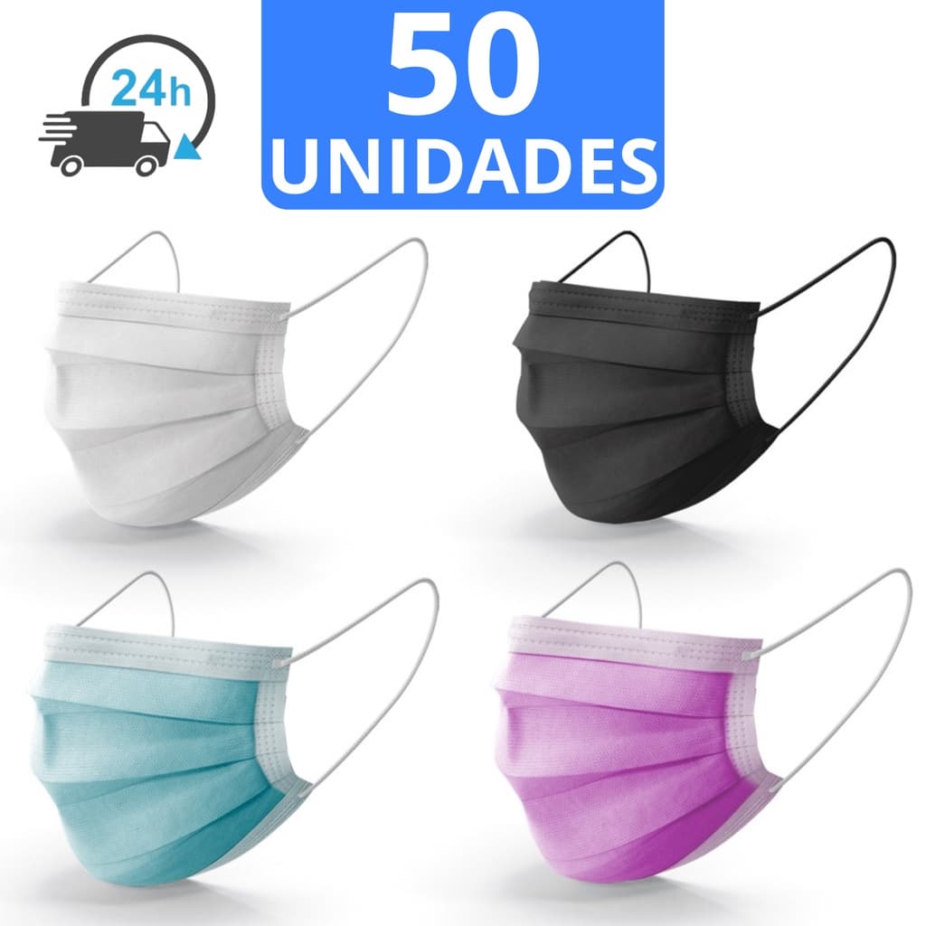Máscara Descartável 50 Unidades TNT Tripla Proteção Com Clip Nasal Caixa Facial Cirúrgica Branca Preta Rosa
