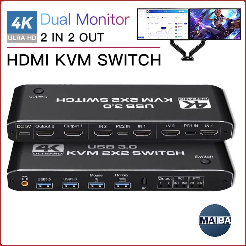 HDMI KVM Switch 2 IN 2 Out Suporte Para Monitor Duplo Extend Display 4K 60Hz 2.0 Switcher 2x2 2 PC Share Teclado Vídeo M
