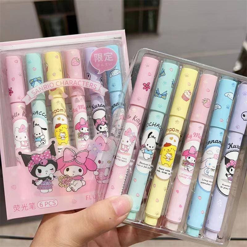 6Pcs/Set Cute Sanrio mymelody Kuromi Cinnamoroll Pom Purin Pochacco Marcadores Fluorescentes De Caneta Pastel De Desenho Para Material Escolar Estudantil Presente De Papelaria