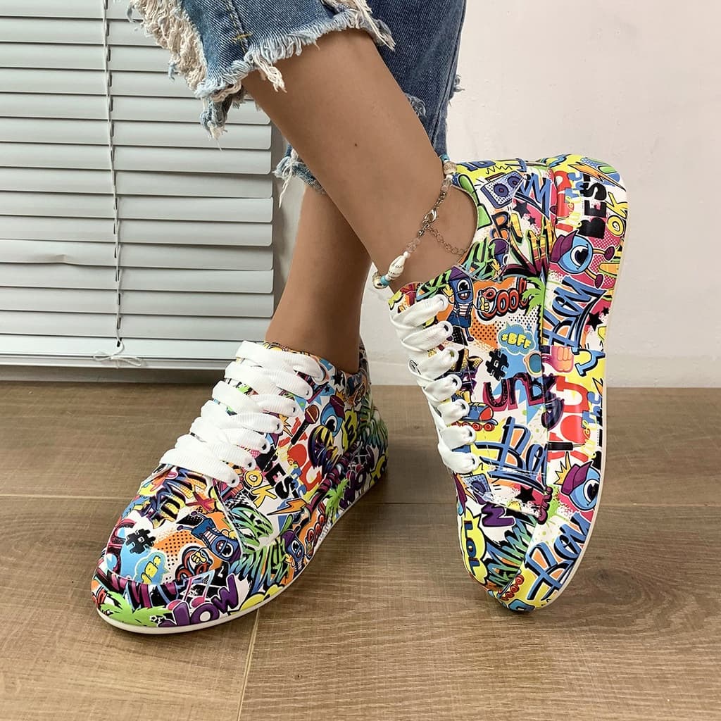 Moda Pintada Graffiti Rendas Sapatos Femininos Confortáveis De Plataforma De Tamanho Grande