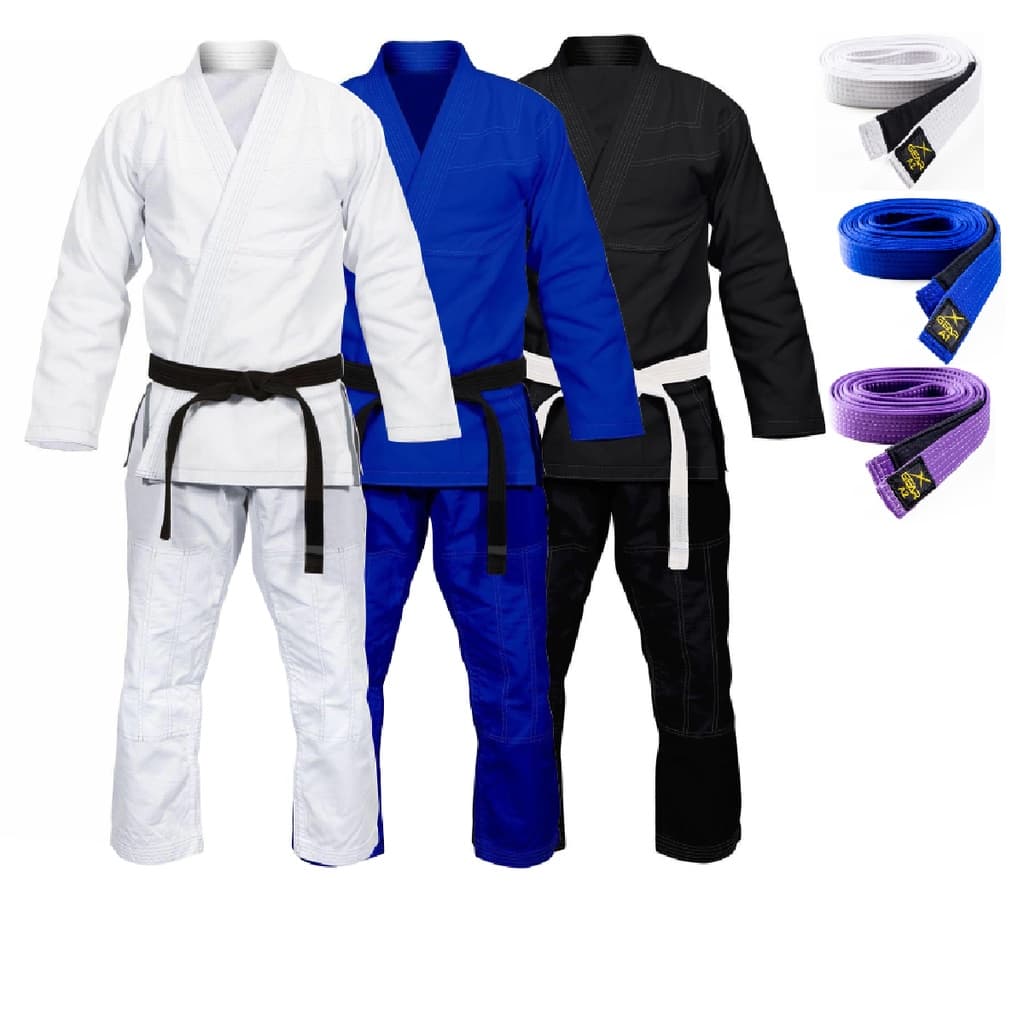 Kimono Jiu jitsu Trançado Liso com Faixa Branca,  Azul,  Roxa