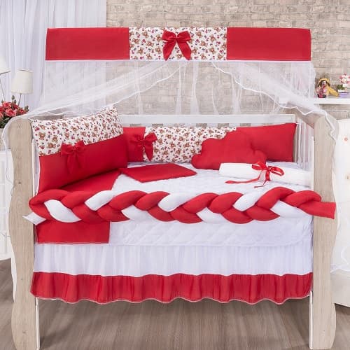 Kit Berço de Menina Vermelho Ursinha Padrão Americano Com Trança 11 Peças