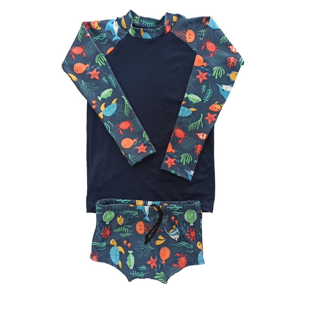 Conjunto proteção UV menino manga raglan azul marinho 0 a 16 anos