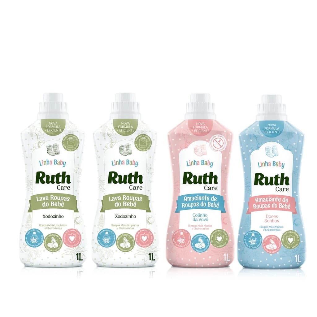 Kit com 2L Lava Roupas Líquido Ruth Care Baby Xodozinho  + 1L Amaciante Diluído Baby Care Colinho da vovó Ruth + 1L Amaciante Diluído Baby Care Doces Sonhos Ruth
