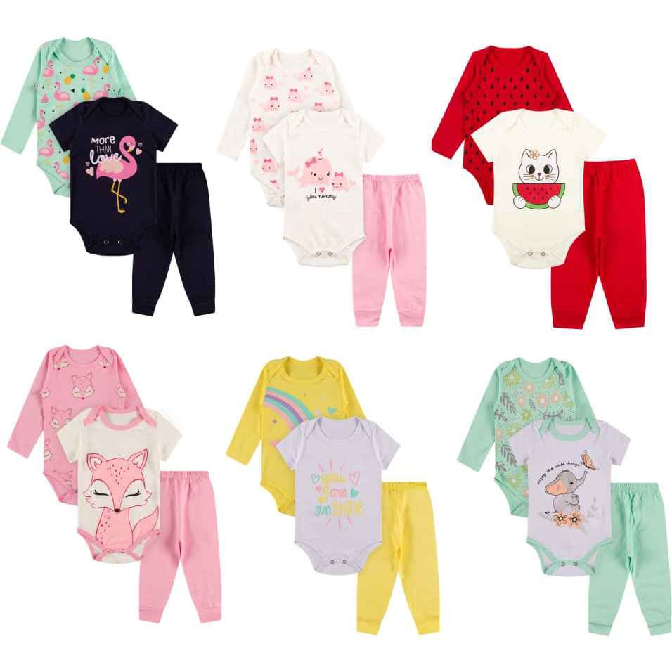Kit Body roupa De Bebe 12 Peças Body Manga Longa e Curta e Calça Algodão  Menina