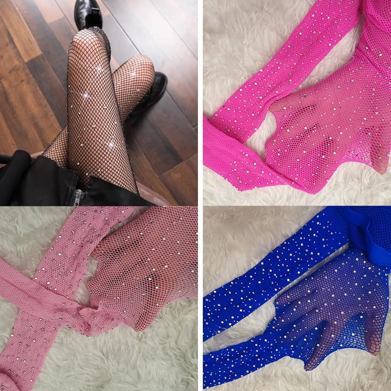 Meias De Malha Arrastão Femininas Verão Cristal Strass Meia-Calça Oca Elásticas Coxa Altas Menina Longas