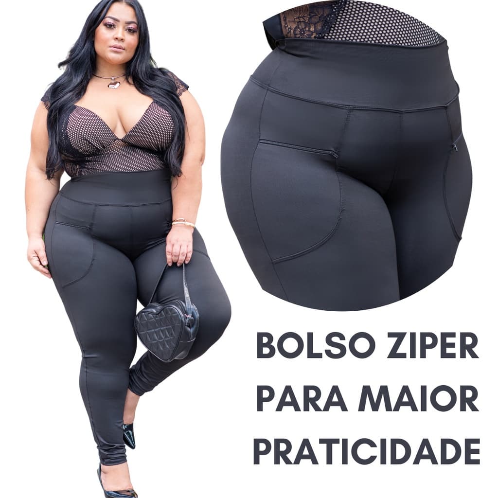 Calça Legging Plus Size Feminina Grossa Cintura Alta Bolso Ziper  Legging Plus Size Fitness