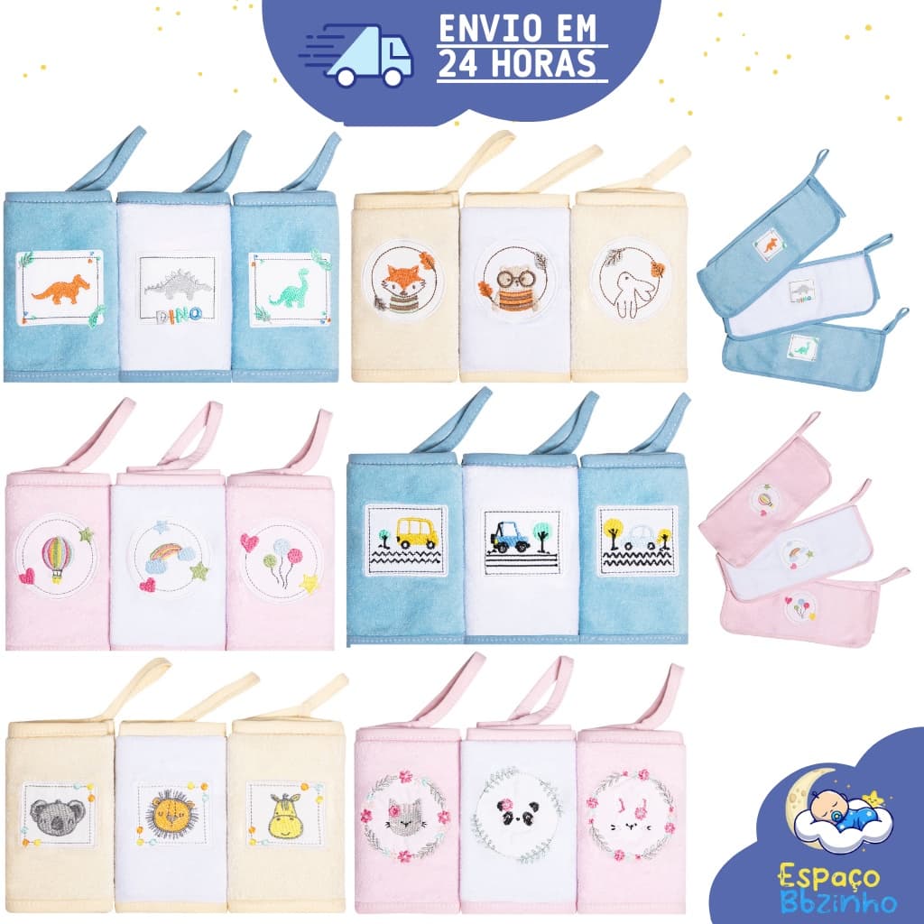 PANINHO DE BOCA ATOALHADO BORD. KARINHO C/PRENDEDOR DE CHUPERA 30X30CM 3 UND