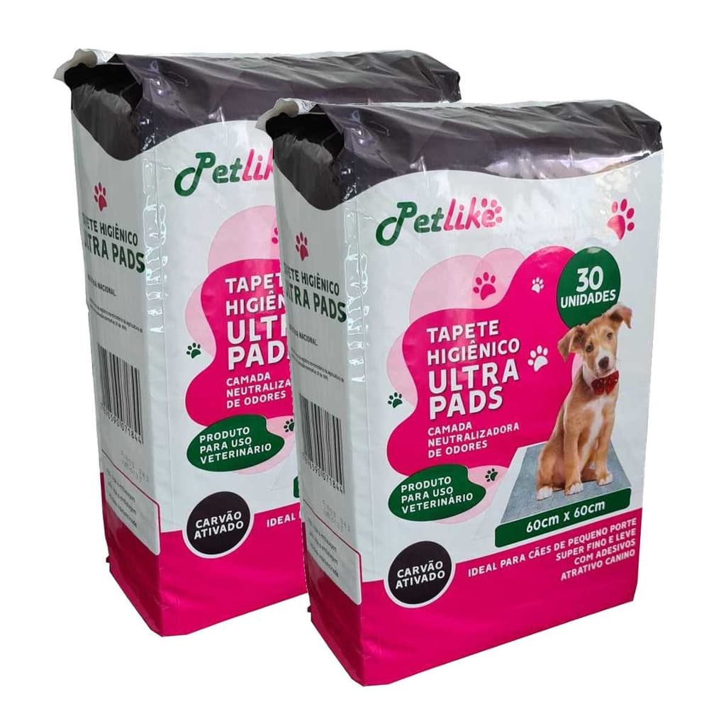 Kit 60 unidades tapete higiênico com carvão ativado antiodor para cachorro PetLike 60x60 cm