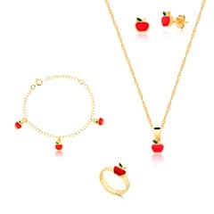 Kit Conjunto Infantil Maçãzinha em Resina com Colar, Pingente, Brinco, Pulseira e Anel Regulável Banhado a Ouro 18k