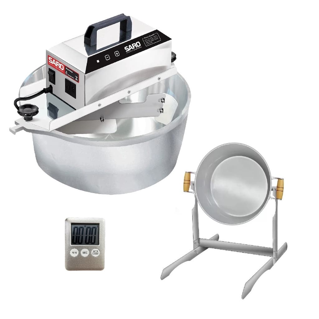 Kit Panela Elétrica Automática de Brigadeiro + Suporte Vira Panela Saro + Timer