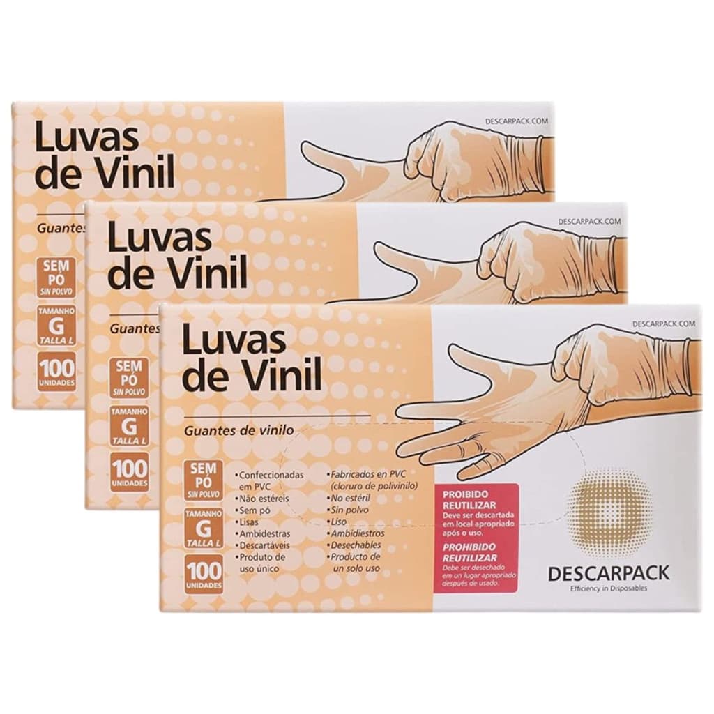 Kit 3 Caixas de Luvas de Vinil Descartável Sem Pó Descarpack 100un