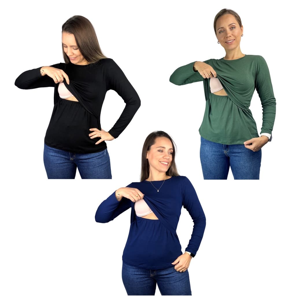 Kit 3 Blusa Amamentação Diversas Cores Viscolycra Premium Camiseta Manga Longa Gestante Maternidade