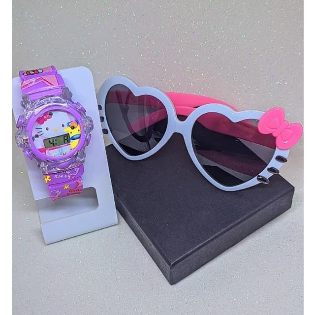 Kit Relógio Infantil Digital Pisca Luz Led Toca Musica Princesas + Óculos de Sol Coração Gatinho com Laço Menina Moda