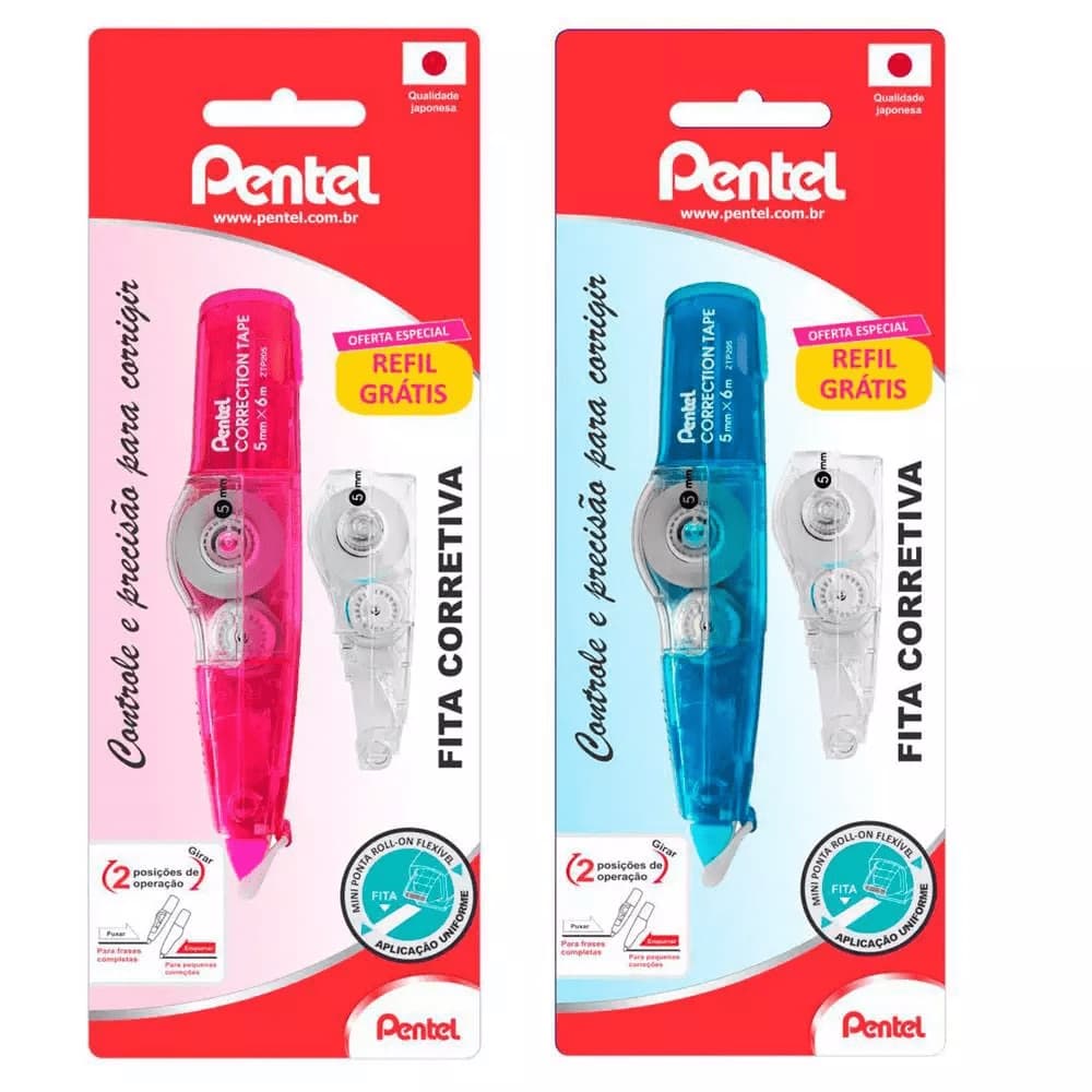 Kit C/ 2 Fitas Corretiva Pentel Retratil 5x6mm Azul e Rosa