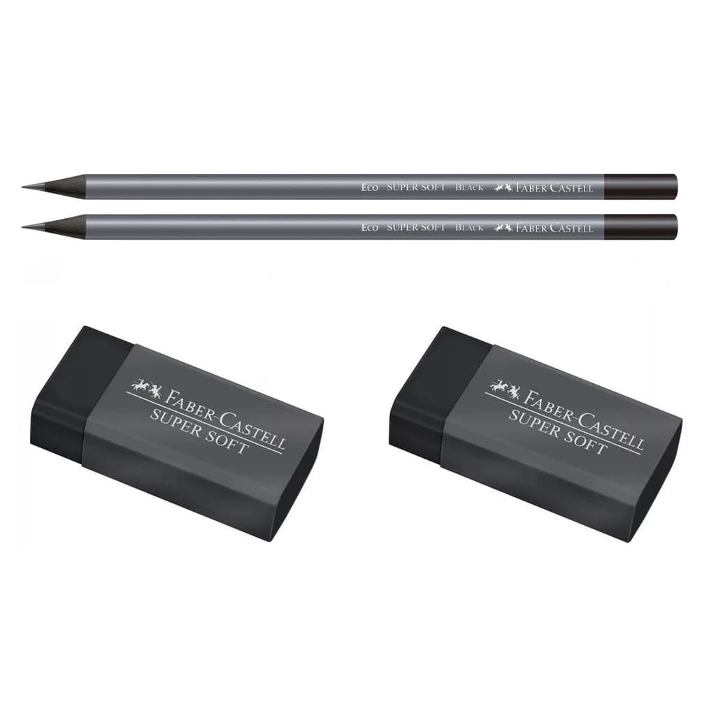 Kit Escolar Técnico Faber Castell Supersoft Black 2 Lápis + 2 Borrachas Dust Free