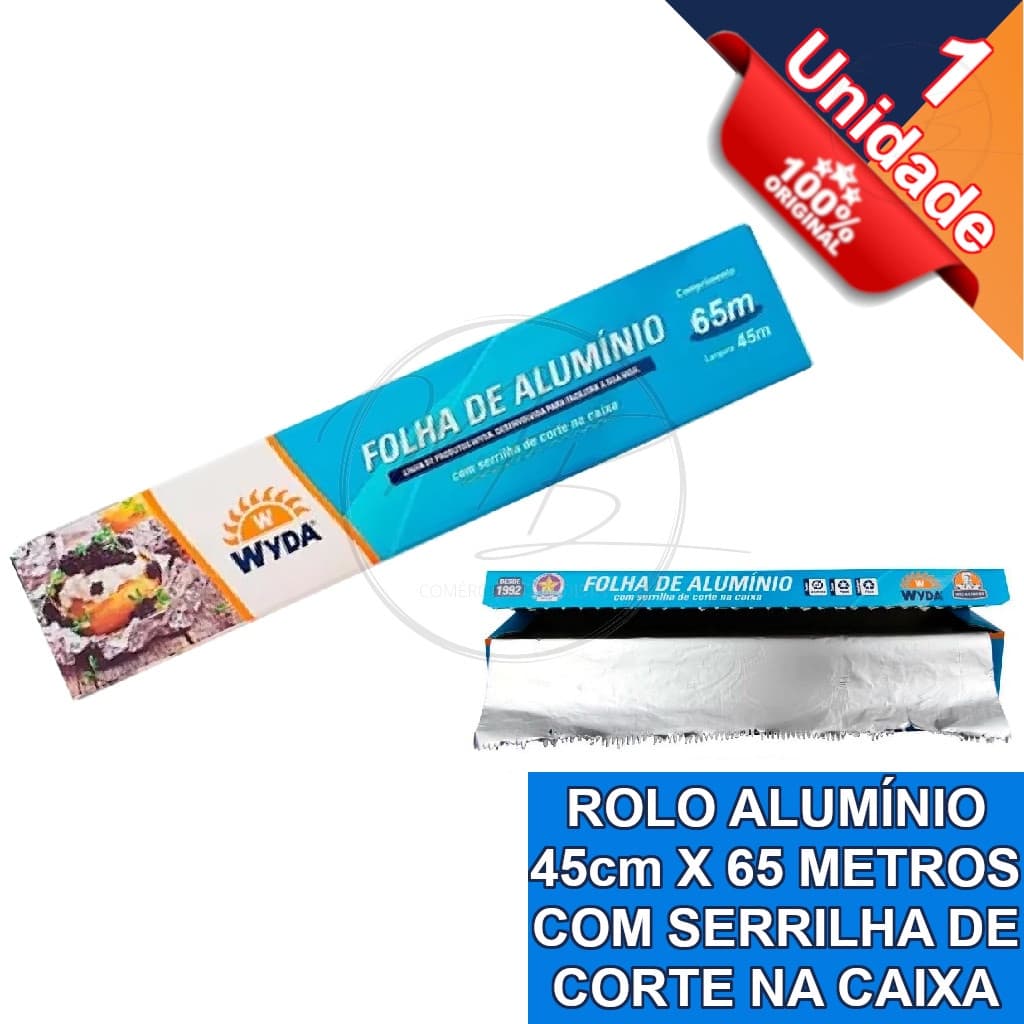 Rolo Papel Aluminio 45 cm x 65 mt  Com Serrilha de Corte na Caixa - Wyda
