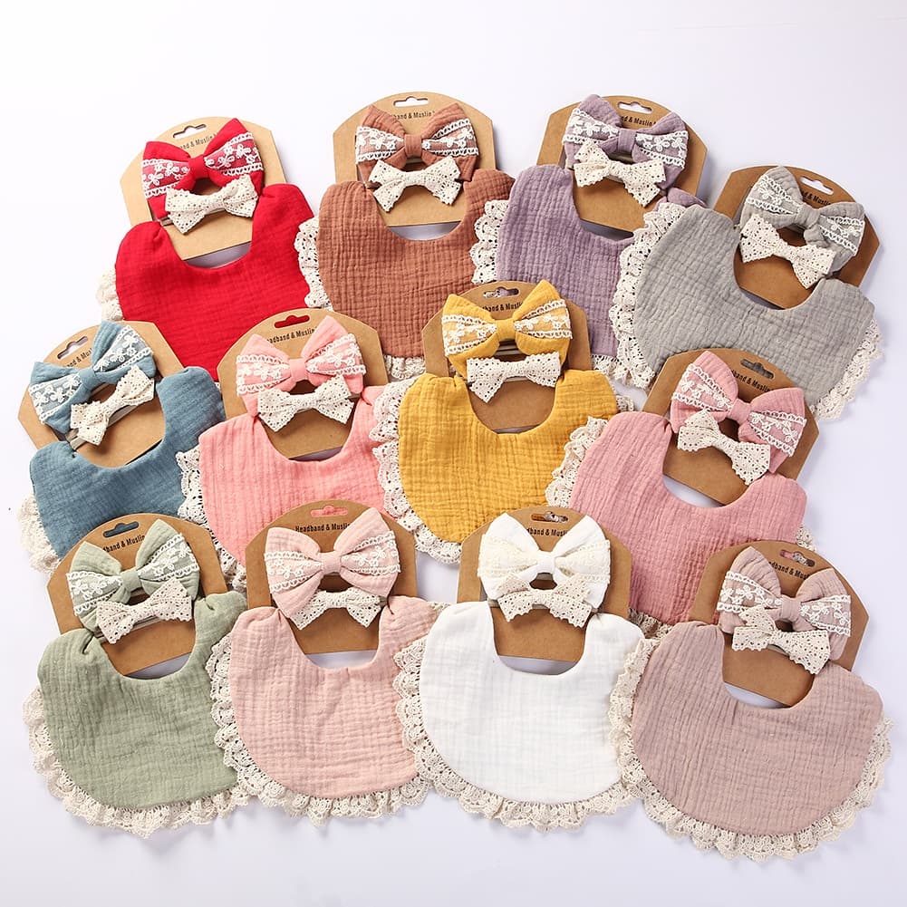 3Pcs/Set Baby Bibs Conjunto De Fita De Cabeça De Renda Algodão Reversível À Prova D'água Tassel Alimentador De Saliva