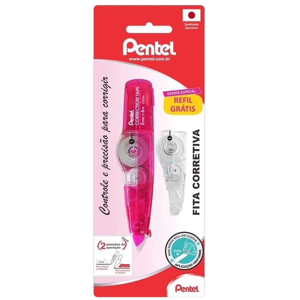 Fita Corretiva Pentel Retratil 5x6mm Rosa + Refil Grátis
