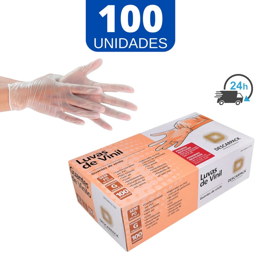 Luva Descartável Vinil Transparente Vinilo Sem Pó e Com Pó 100 Unidades P M G
