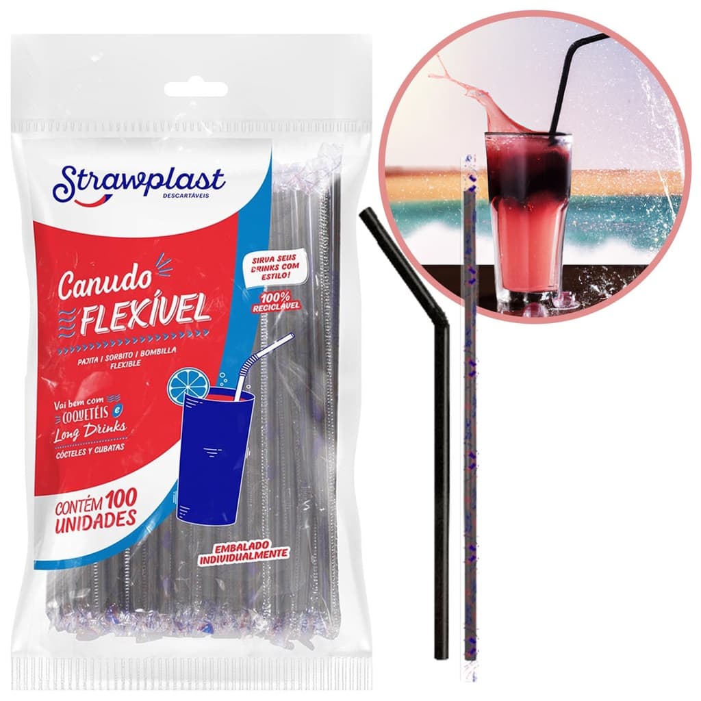 Canudos Flexíveis com Sachês individuais Diâmetro de 6mm  Pacote com 100 unidades Strawplast