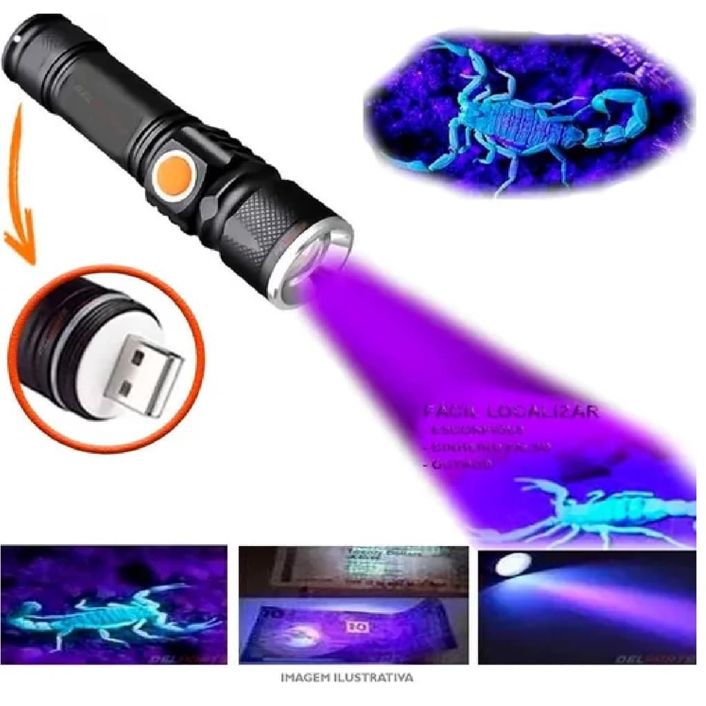 Lanterna Ultra violeta Usb Led Potente Luz Negra Uv Nota Falsa E Escorpião Recarregável