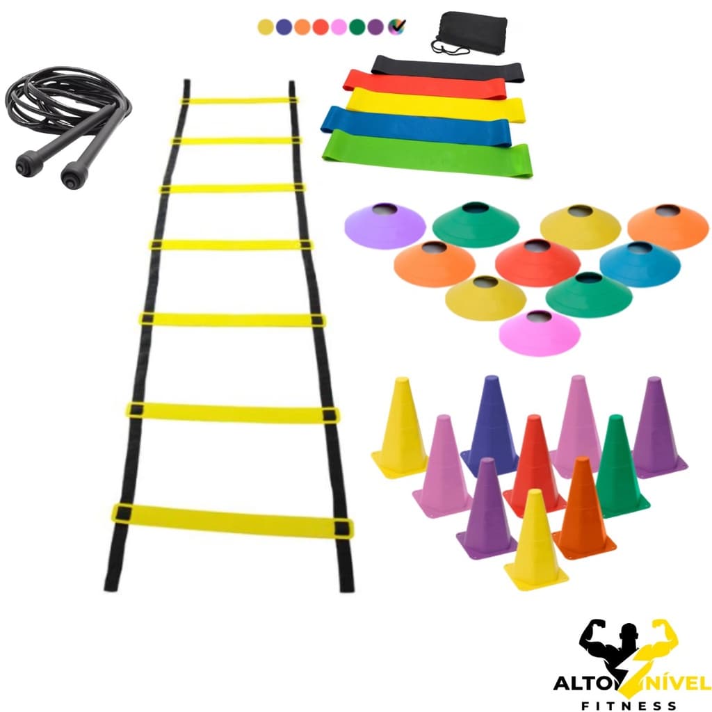 Kit Treino Funcional Agilidade Escada 7 Degraus 10 Cones 10 Chapéus Chinês 1 Kit 5 Faixa Mini Band 1 Corda de Pular Pvc
