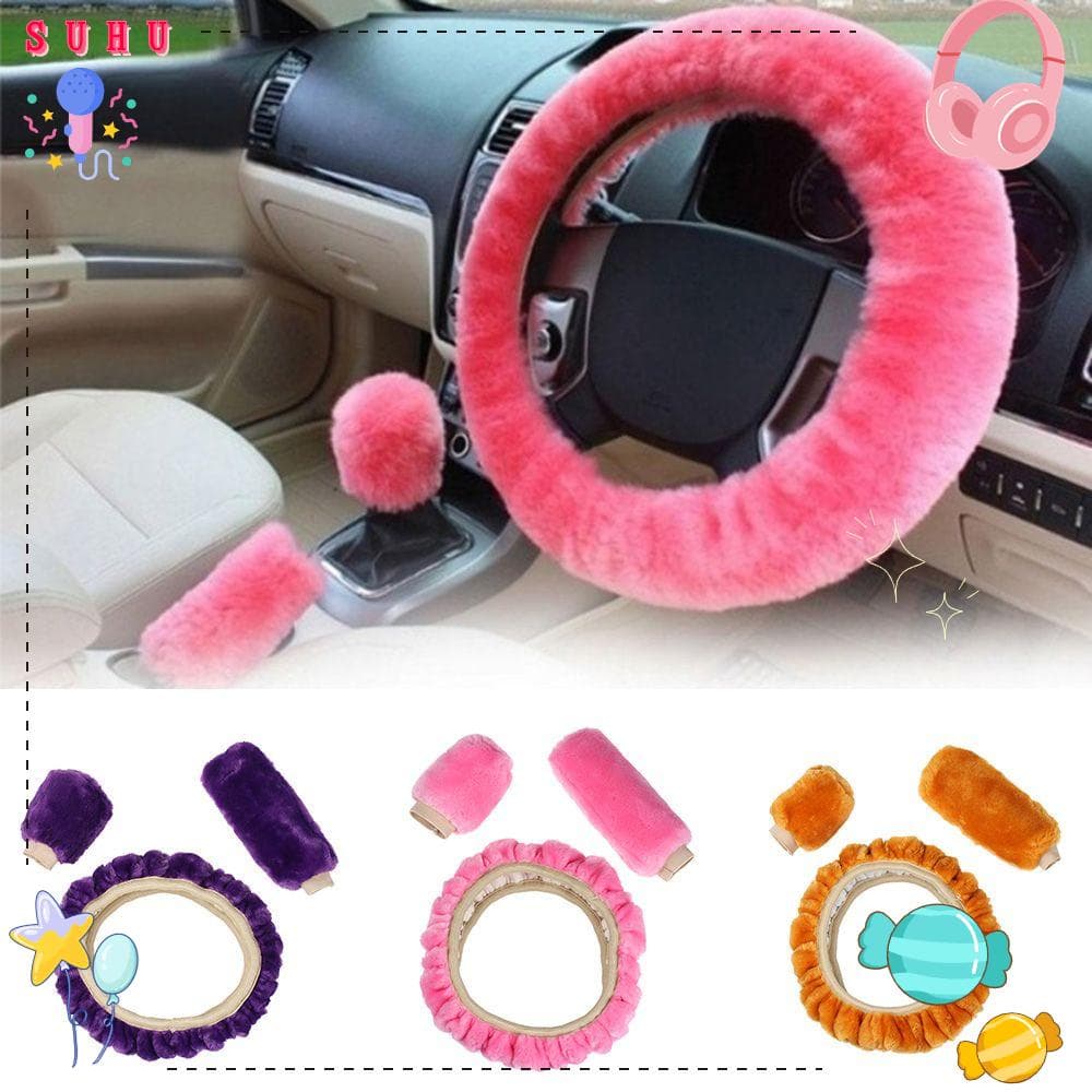 SUHU 3Pcs/Set Capa Do Volante Moda Pele Quente Pelúcia Longa Estojo Freio De Mão Interior Automotivo