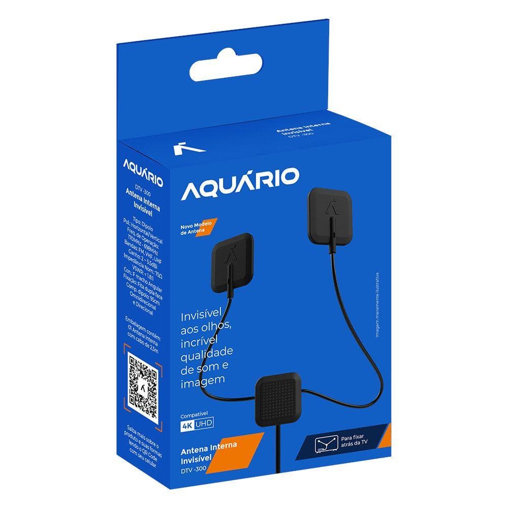 Antena Interna Aquário DTV-300 Invisível VHF, UHF, HDTV, 4K, FM 2,5m