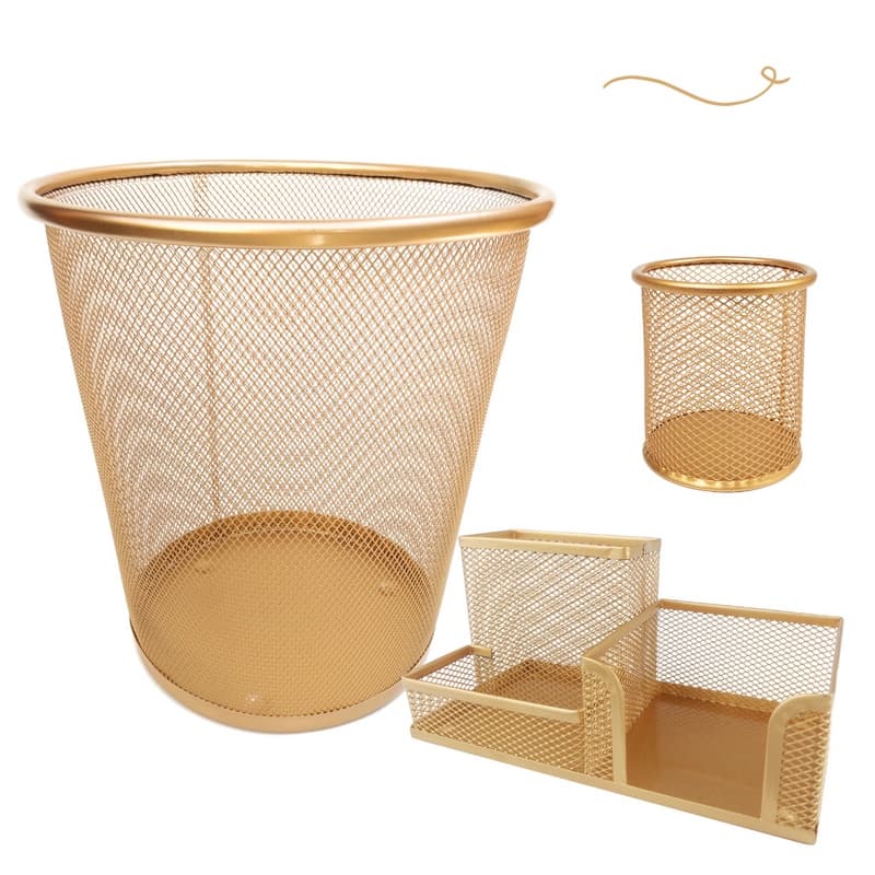 Kit de Escritório Premium - Organizador + Porta Canetas e Lixeira - Gold/Dourado