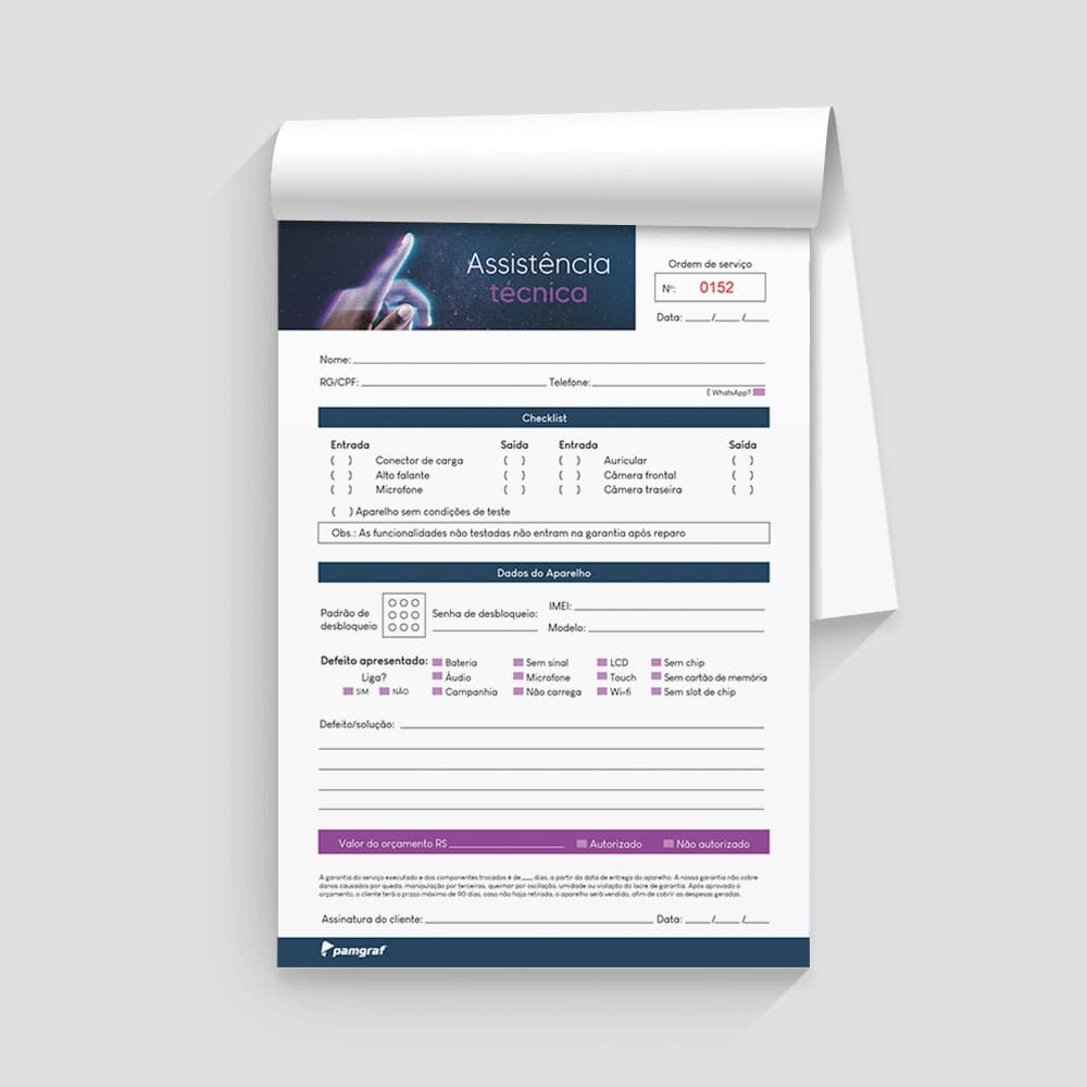 1 Bloco com 100 Fls para Ordem de Serviço Assistência Técnica para Celular - Modelo 4