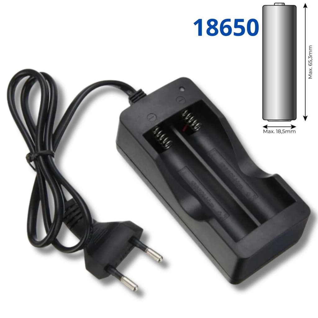 Carregador duplo para pilhas recarregáveis 18650.