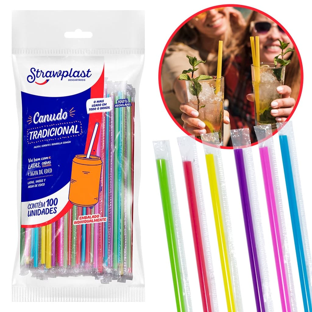 Canudo Plástico Tradicional Colorido Pacote com 100 Unidades – Strawplast – Sachê individual