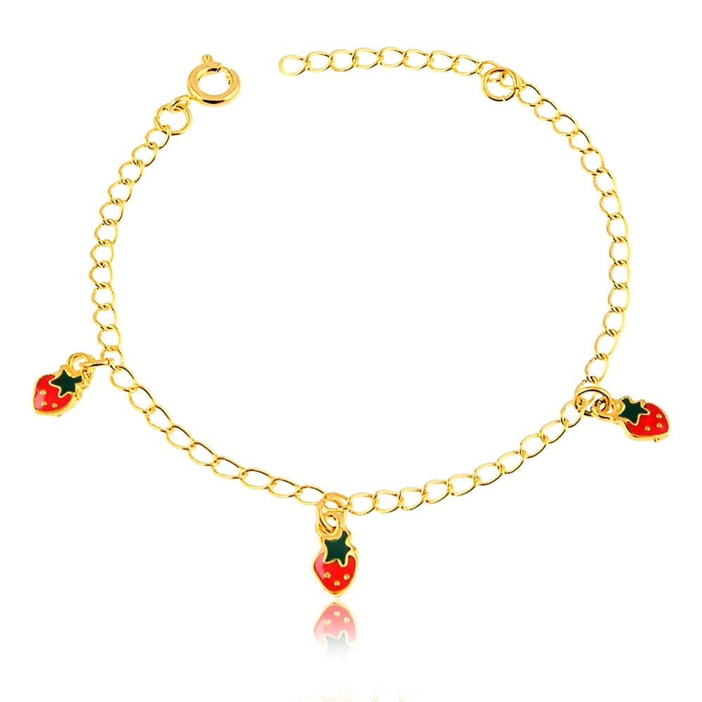 Pulseira Infantil Banhada a Ouro 18K Com Pingente Moranguinho em Resina