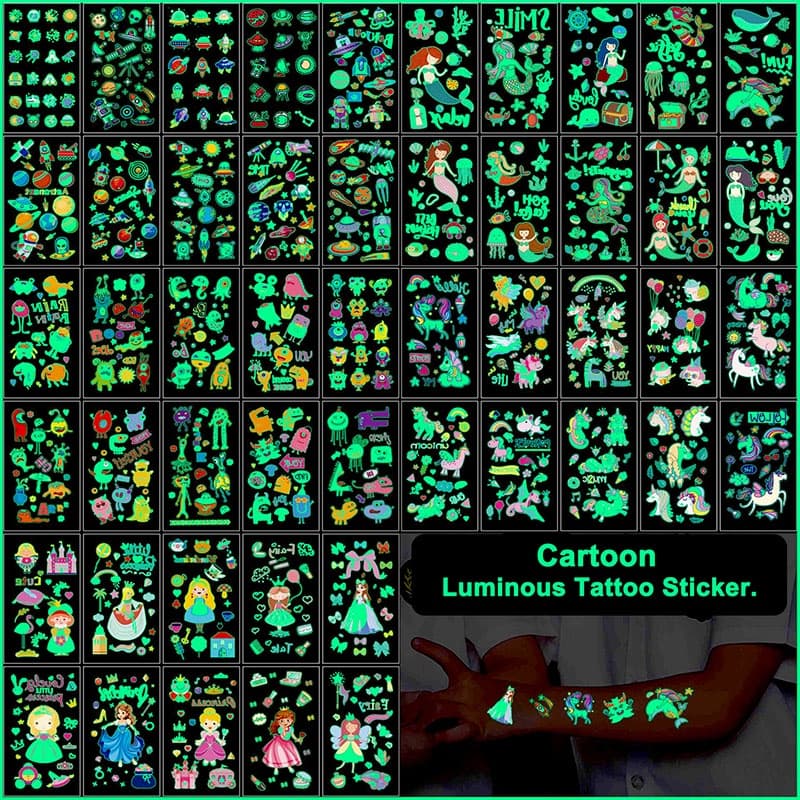 10pcs/set Autocolante De Tatuagem Luminosa Infantil Dinossauro Fada Da Flor Sereia Presente Sorte Para Meninos E Meninas