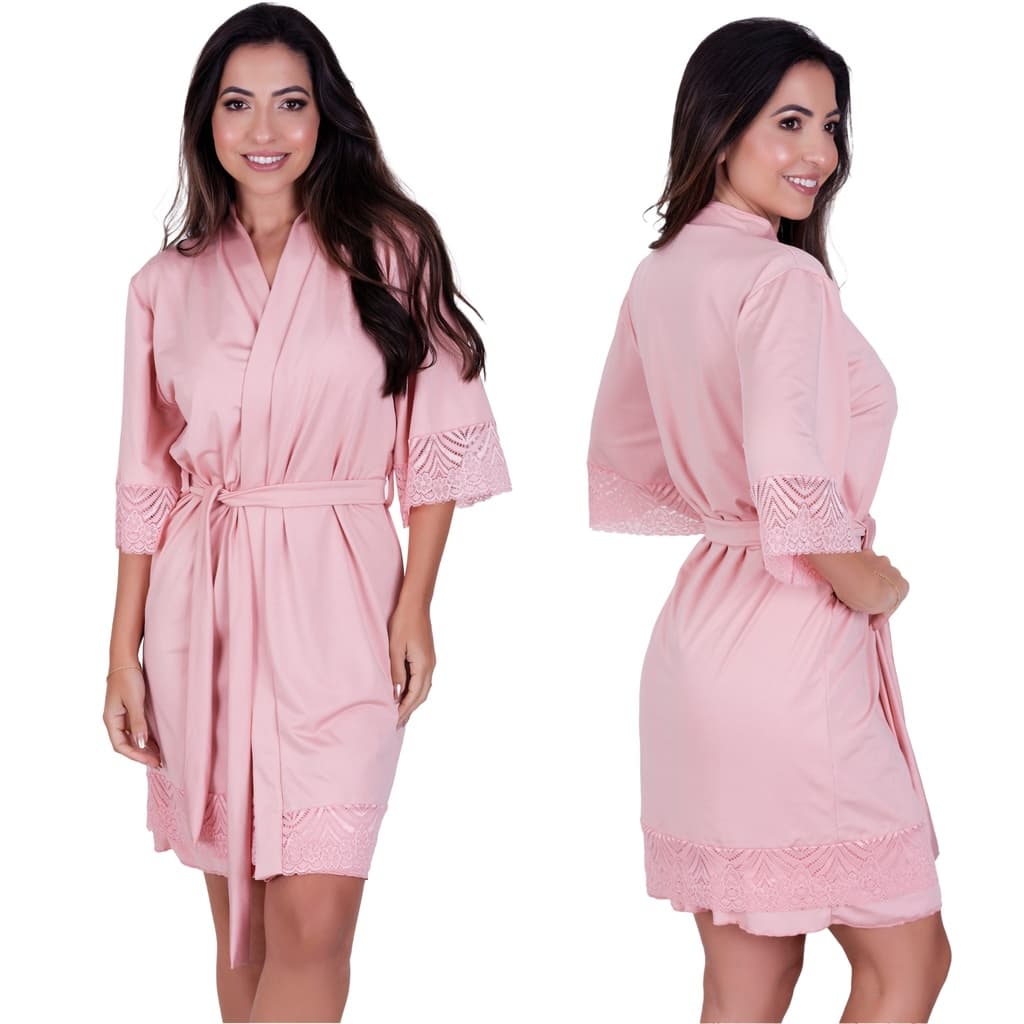Robe Romantic Com Detalhes em Renda Feminino Hobby Linha Noite Roupão Confortável