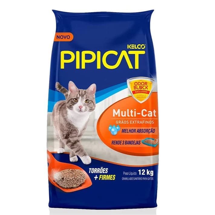 Areia Higiênica Pipicat Multicat para Gatos 12kg Original OdorBlock Multi-Cat