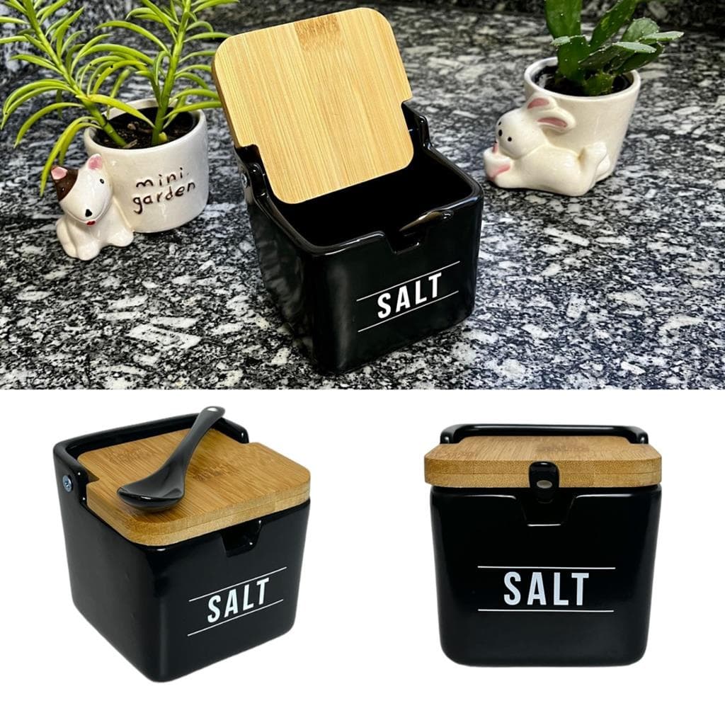 Saleiro Manhattan Em Porcelana Mesa Tampa Bambu C/Colher