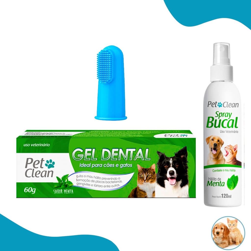 Kit Gel Dental + Spray Bucal + Escova Dedeira Pet Clean