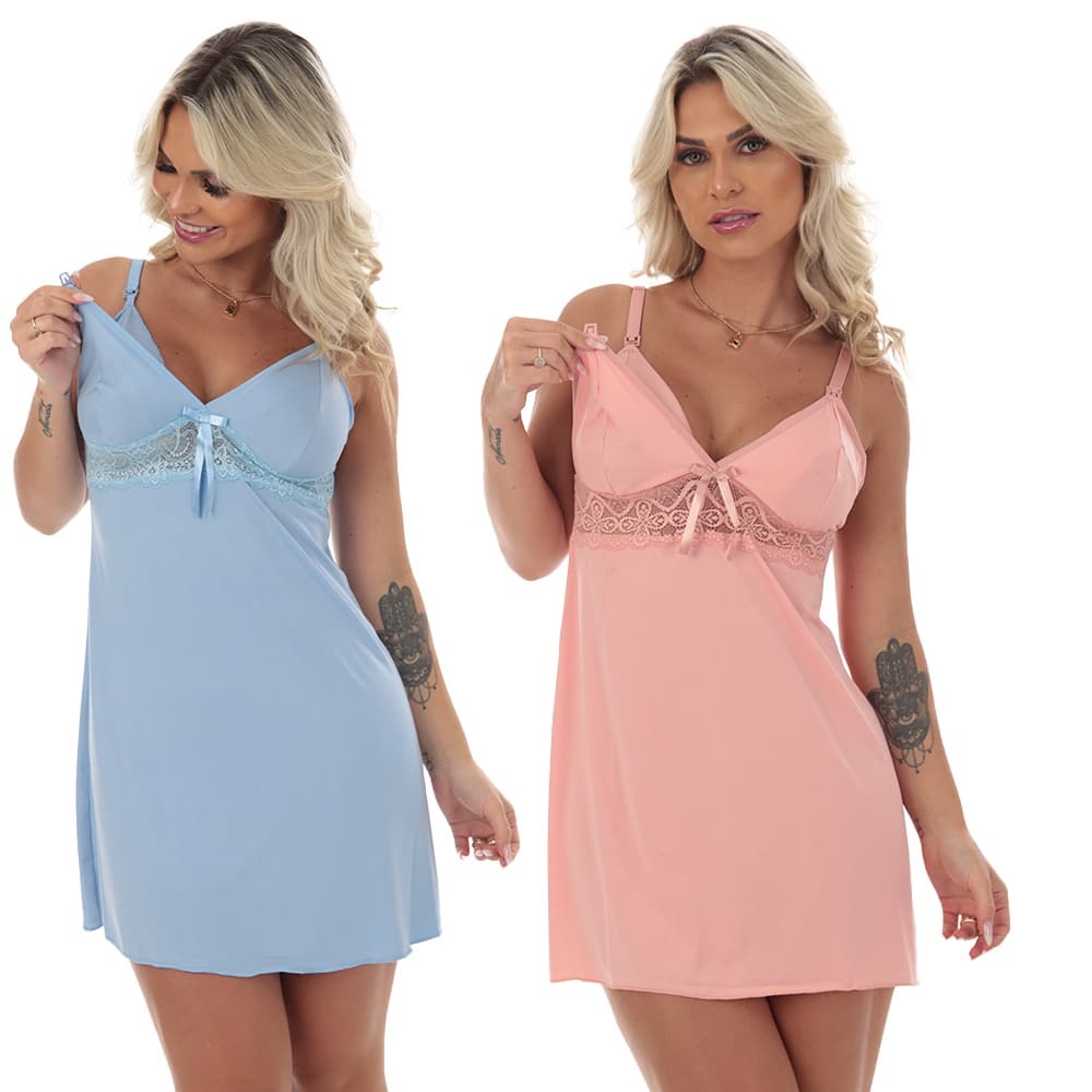 Kit 2 Camisola Amamentação Ñusta Microfibra Detalhe Em Renda Gravida Pós Parto