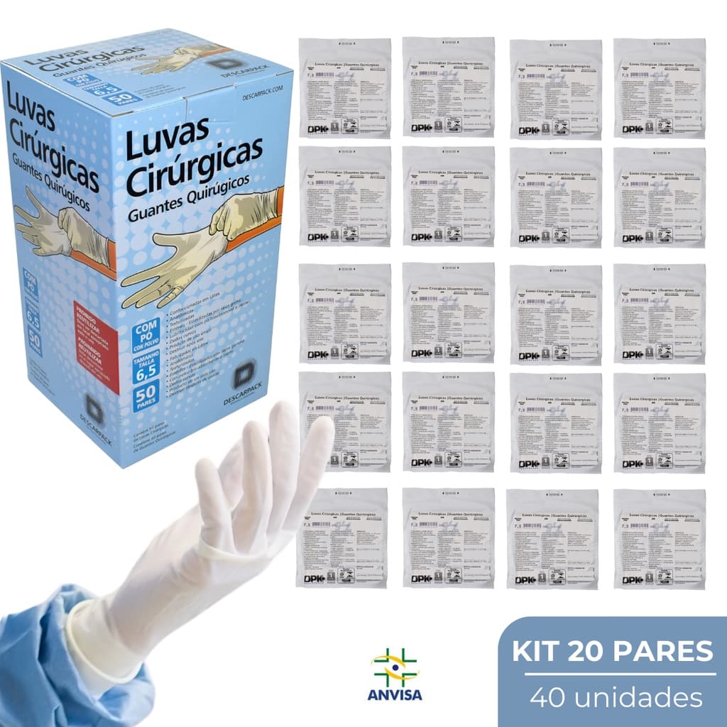 Luva Cirúrgica Estéril Latex Com Pó Descartável Descarpack kit 20 pares 40 Unidades