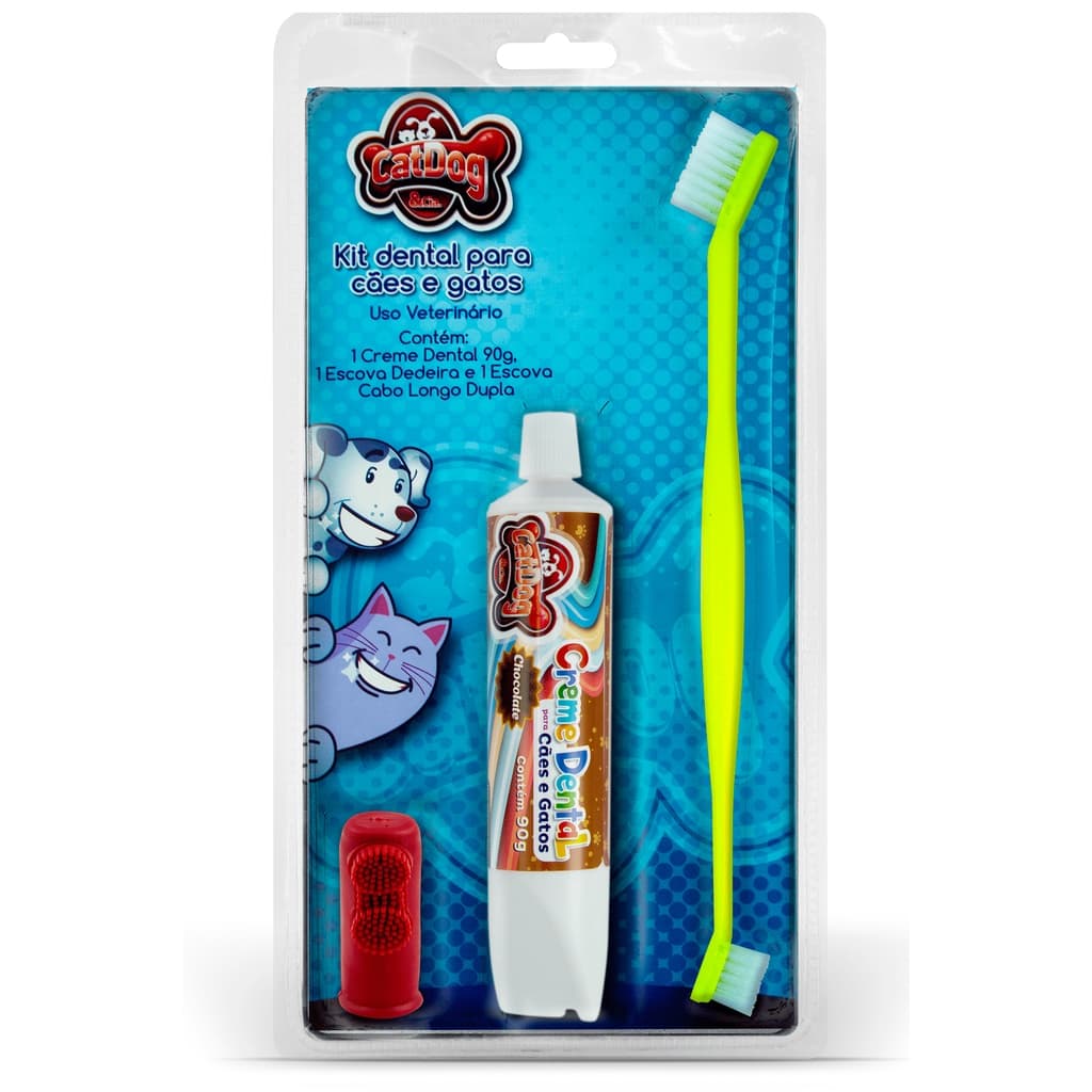 Kit Dental Pet com 3 Peças Pasta de Dente Escova e Dedeira CatDog Vários Sabores