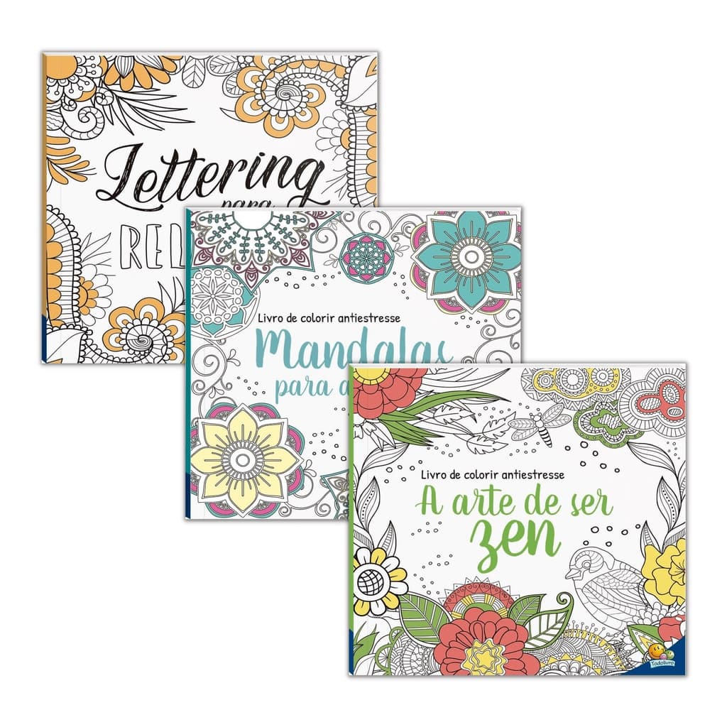 Kit ArteTerapia AntiEstresse | 3 Livros Colorir Para adultos | Lettering