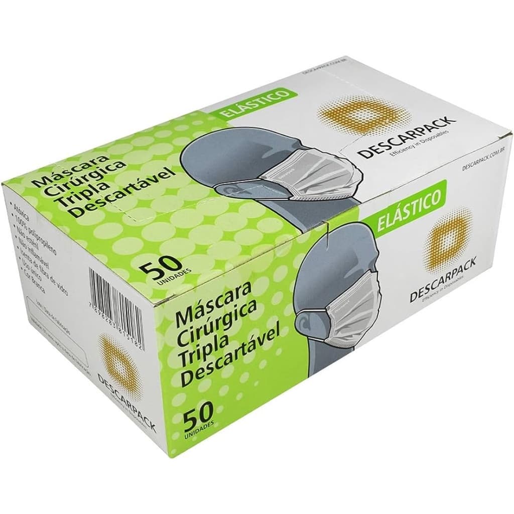 Máscara Tripla Descarpack 3 Camadas Branca e Clipe Nasal Caixa Com 50 Unidades